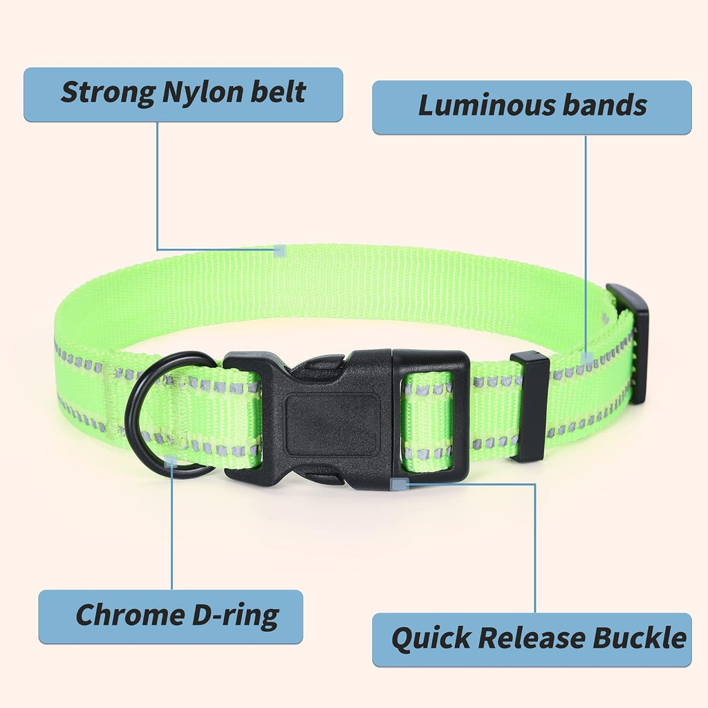 Reflective Dog Collar, Basic Dog Collars Adjustable Quick Release, Soft Nylon Pet Collar with Metal D-Ring for Small Medium Large Dogs (Lime, S Neck11-15")